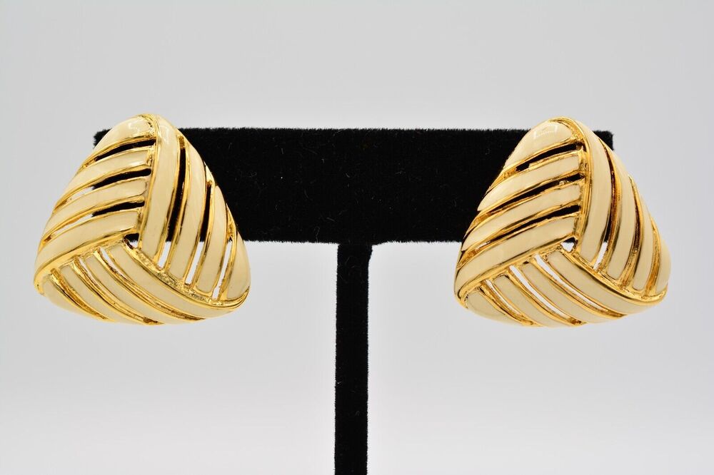 TAT Vintage Earrings Off White Enamel Gold Tone Chunky NOS 1980s Signed BinAR